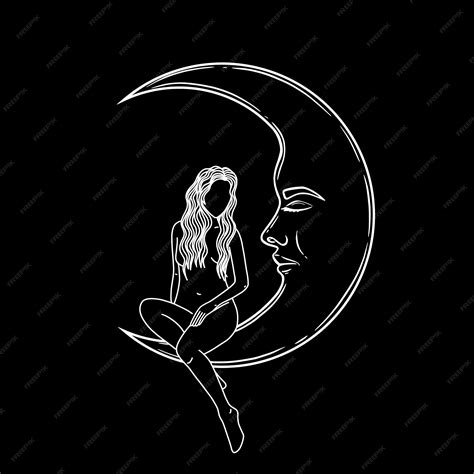 Premium Vector Naked Woman Sitting On The Moon In Trendy Linear