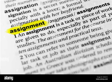 Highlighted English word "assignment" and its definition in the ... 