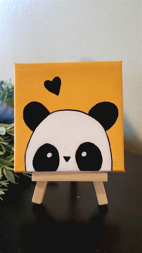 Cute Panda Small Canvas With Easel Hand Painted Small Painting Tiny