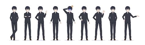 Premium Vector | Anime manga boy in school uniform various poses