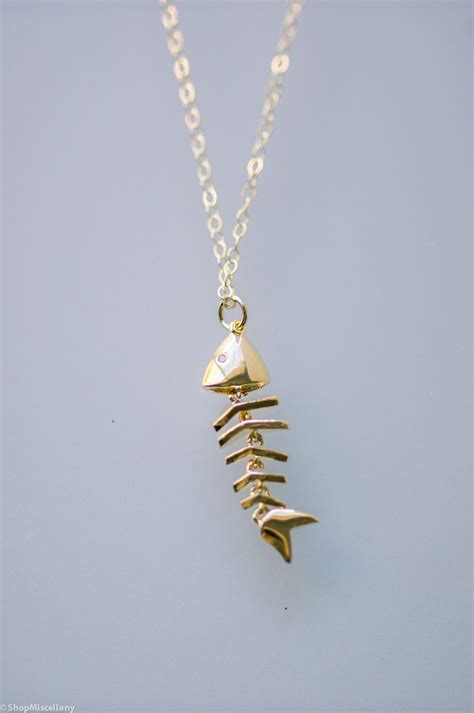 Gold Fish Skeleton Necklace Dainty Fishbone Necklace Fish Etsy