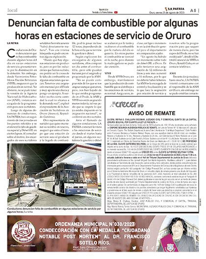 Crecer IFD Aviso de Remate Periódico La Patria Oruro Bolivia