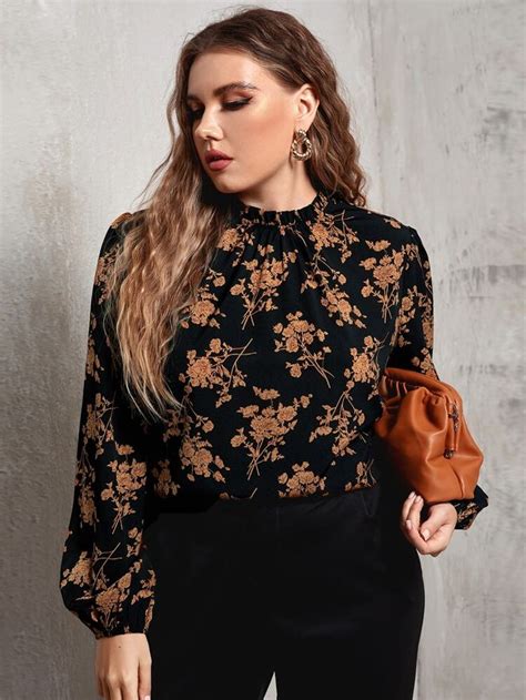 Shop Plus Frilled Neck Lantern Sleeve Allover Floral Top At ROMWE