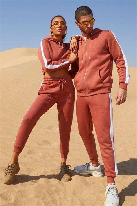 Her Contrast Panelled Crop Hooded Tracksuit Matching Couple Outfits