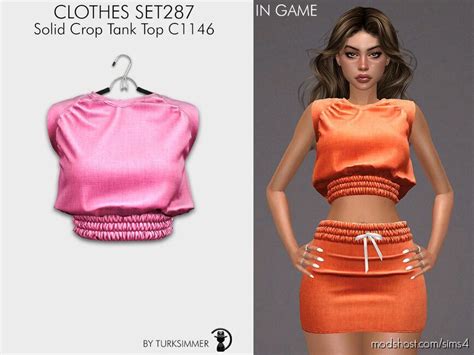 Solid Crop Tank TOP Drawstring Waist Skirt SET287 Sims 4 Clothes