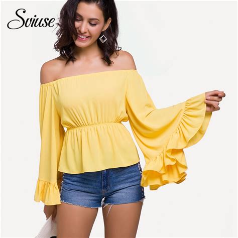 Women Summer Yellow Chiffon Blouse Sexy Off The Shoulder Flare Sleeve Backless Ruffle Tunic