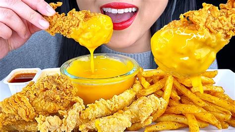 Asmr Cheesy Fried Chicken And French Fries Crunchy Eating Sounds No