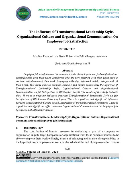 Pdf The Influence 0f Transformational Leadership Style Organizational Culture And