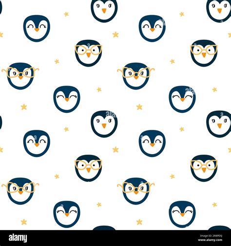 Seamless pattern with cute hand drawn penguins. Animals with gold