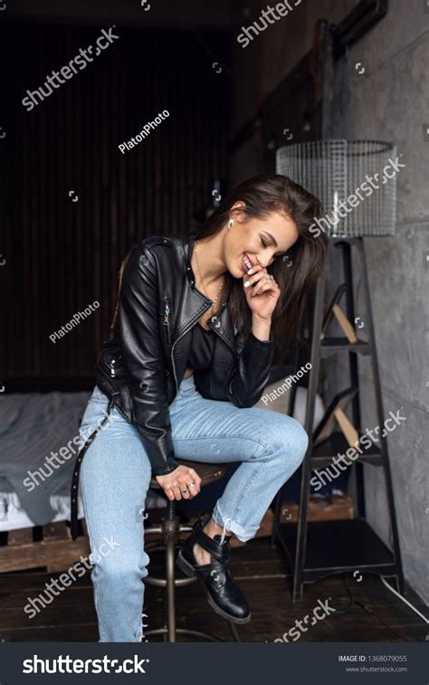 Sexy Beautiful Brunette Leather Jacket Jeans Stock Photo 1368079055 Shutterstock