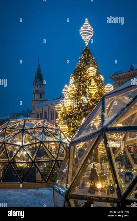 Christmas Tree And Christmas Market Stalls In Vilnius Town Hall Square