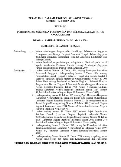 PERATURAN DAERAH PROPINSI SULAWESI TENGAH NOMOR 04 TAHUN 2006 TENTANG