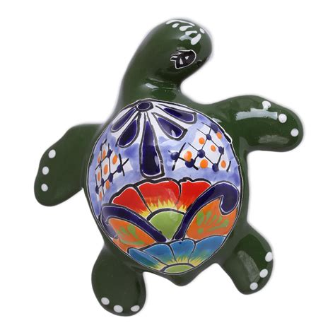 Ceramic Turtle Wall Sculpture In Green From Mexico Delightful Turtle Novica