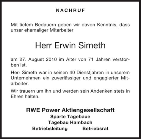 Traueranzeigen Von Erwin Simeth Aachen Gedenkt