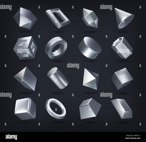 Realistic D Silver Math Geometric Shapes Vector Set Of Cube Cylinder