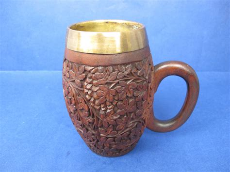 Vintage Hand Carved Wooden Mug With Brass Insert Large Wood Etsy