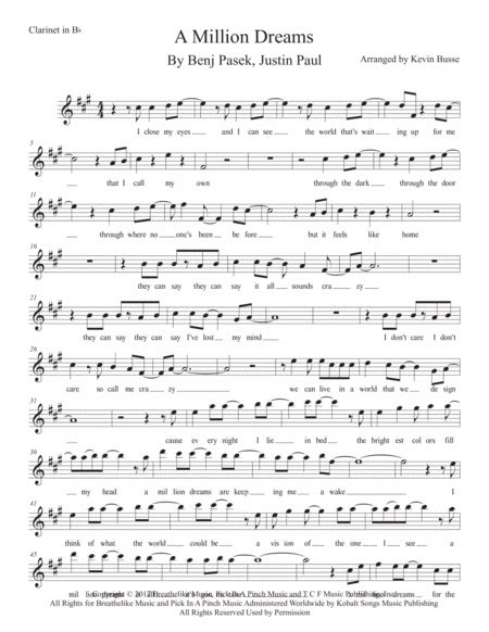 A Million Dreams Arr Kevin Busse By Pink Sheet Music For Clarinet