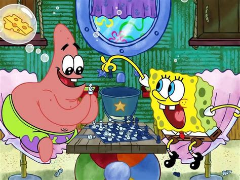 Spongebob And Patrick Frying On The Stove In Front Of Their Kitchen Table