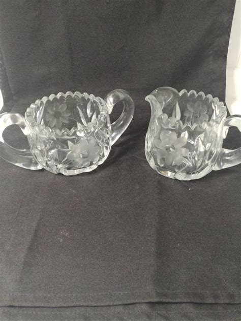 Vintage Sawtooth Cut Glass Creamer And Sugar Dish Set Etsy