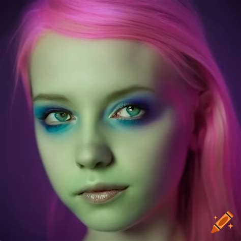 Portrait Of A Beautiful Alien Girl With Green Skin Purple Eyes And