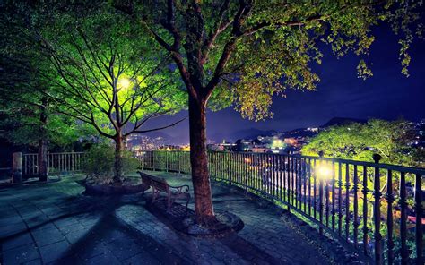 Park Garden Bench Trees Night Lights Lamp Post Fence Railing