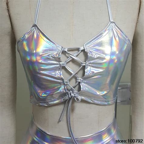 Silver Holographic Women Crop Top Rave Festival Clothes Outfits Punk