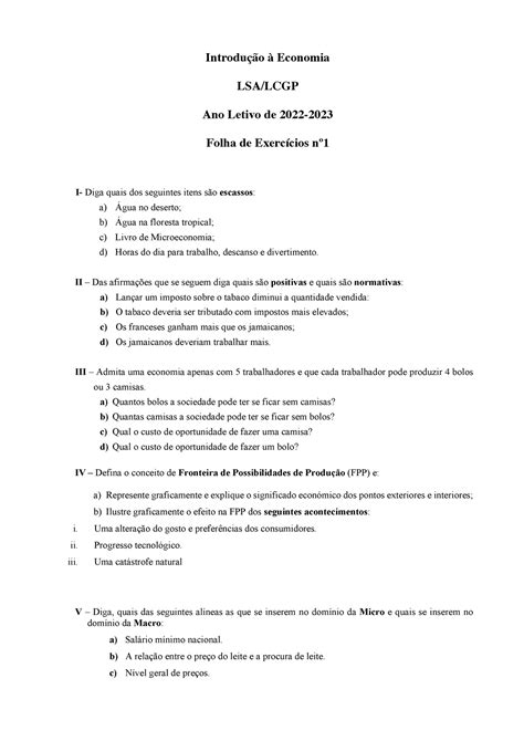 Exercicios De Economia Introdu O Economia Lsa Lcgp Ano Letivo De