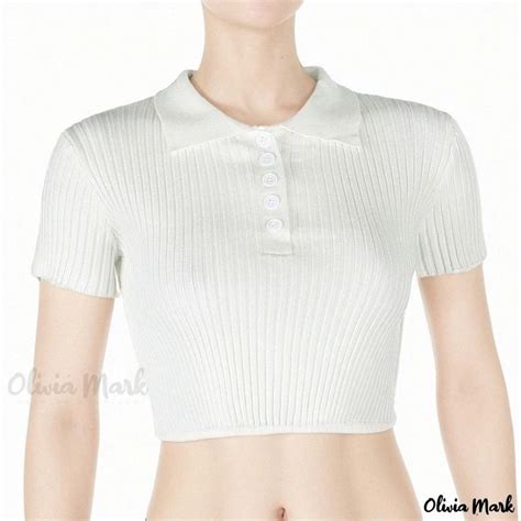 Olivia Mark - Sensual Solid Color Knit Ribbed Short Button-down Shirt ...