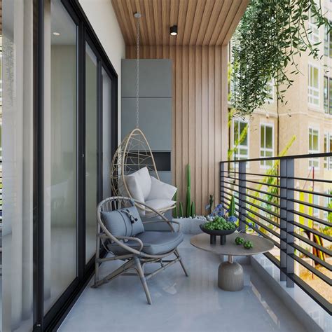 Coastal Balcony Railing Design With Grey Storage Unit And Wooden Floor