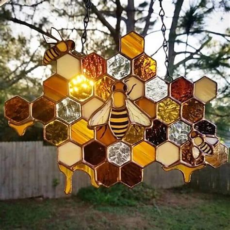 Bee Honeycomb Stained Honeybee Window Hangings Ornament Suncatcher Beehive Stained Panel