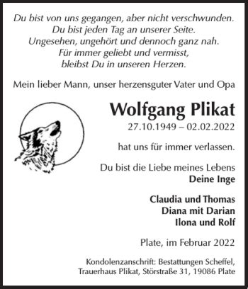 Traueranzeigen Von Wolfgang Plikat Trauer Nordkurier