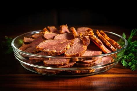 Premium Photo Smoked Beef Brisket Slices In A Glass Dish