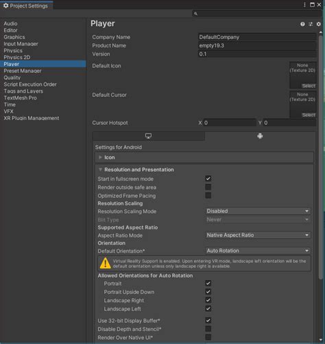 Unity | Project settings: player – Arm Developer