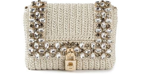 Dolce And Gabbana Crystal Embellished Raffia Shoulder Bag In Natural Lyst