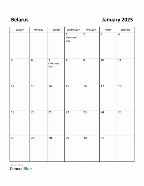 Free Printable January 2025 Calendar for Belarus