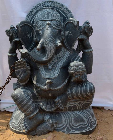 Lord Ganesha Sitting Black Granite Stone Statue 31 inch C25 - CRAFTS ODISHA