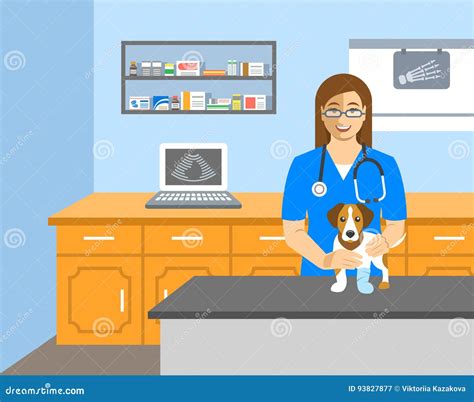 Veterinarian Doctor Holds Dog On Examination Table Stock Vector