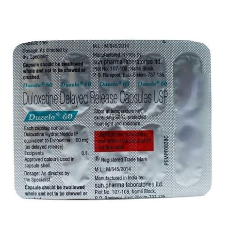 Duzela 60 Mg Duloxetine Hydrochloride Delayed Release Capsules At Rs