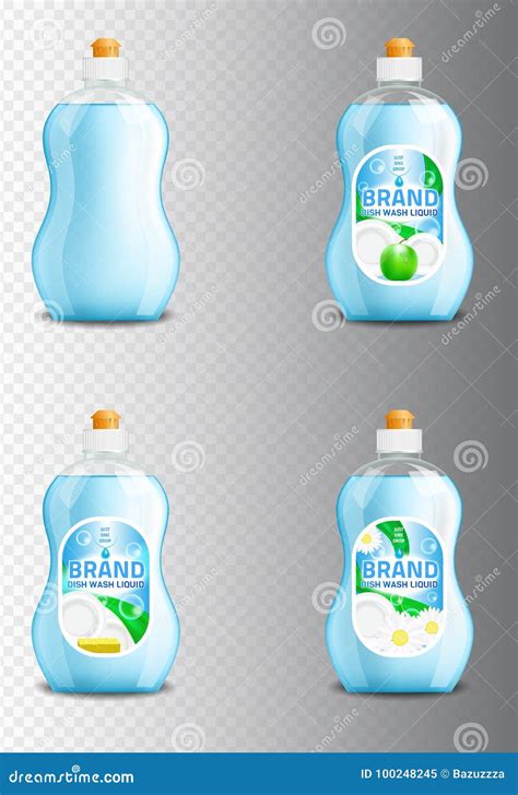 Vector Set of Realistic Dishwashing Liquid Product Icons on Transparent Background. Plastic ...