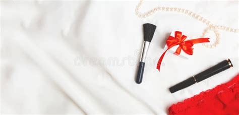 Lace Womens Underwear On White Bed Background Flat Lay Top View Red Lace Lingerie Fashion