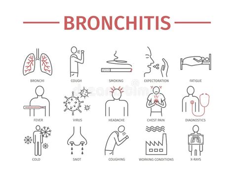 Bronchite Symptômes Traitement Ligne Icônes Réglées Signes De Vecteur