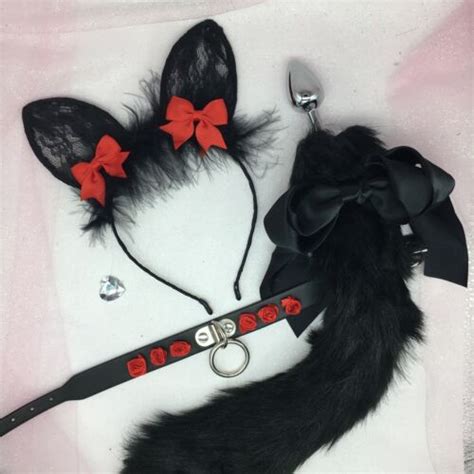 Black Kitten Cat Set Bdsm Ddlg Petplay Tail Ears Collar Butt Anal Plug