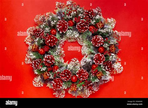 Christmas Wreath Greeting Card Made Of Spruce Twigs Lichen With Cones