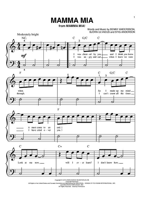 Mamma Mia" Sheet Music by ABBA for Big Note Piano - Sheet Music Now