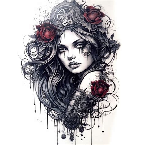 Gothic girl and rose tattoo design | Tattoo images, Unique tattoo ...