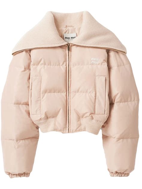 Miu Miu Logo Print Down Puffer Jacket In Nude ModeSens