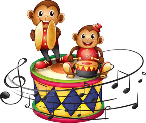 Two Monkeys Above A Big Drum Illustration Instrument Drumming Vector