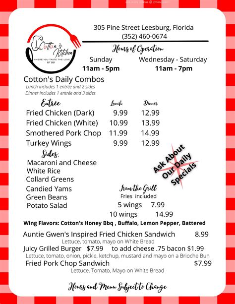 Online Menu Of Cottons Kitchen Restaurant Leesburg Florida 34748