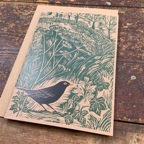 Linocut Print Blackbird Greeting Card Bird Birthday Etsy Uk