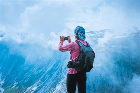 Nature Photographer Tourist Near Norway Lake Stock Photo Image Of